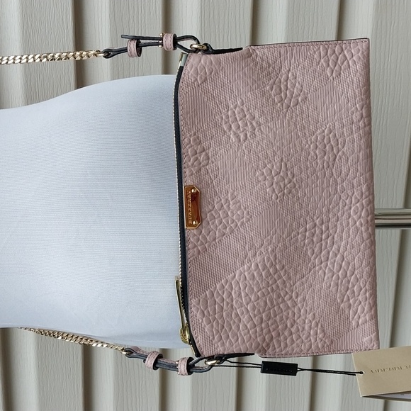 BURBERRY PEYTON EMBOSSED CHECK LEATHER CROSSBODY BAG IN PALE ORCHID - Picture 1 of 7